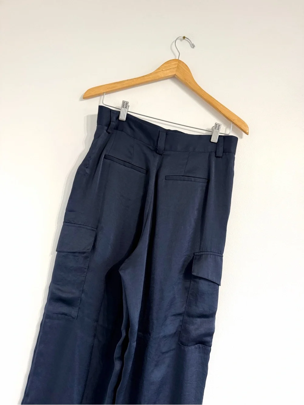 Ba&sh Cary Wide-Leg Navy Cargo Dress Pants slinky fabric